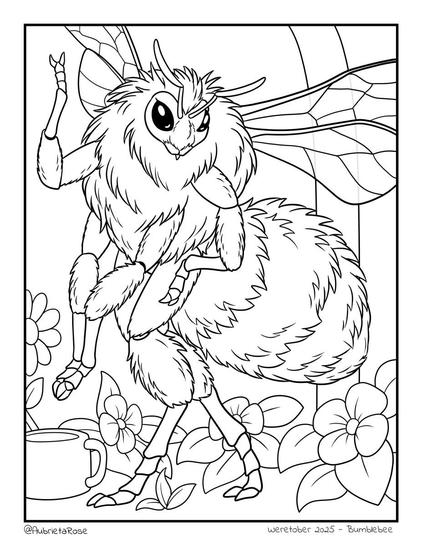 A line art drawing a very fluffy, animalistic anthro bumblebee striking a dainty pose. There's a watering can, flowers, and part of an archway in the background.