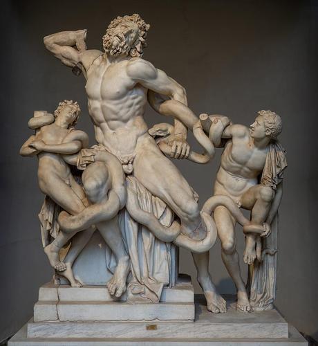 A detailed, classical marble sculpture depicting three figures in a dynamic pose. The central figure is a muscular individual with a thick, wavy beard and hair, appearing to be in a state of struggle. Two smaller figures flank this central individual, seemingly attempting to restrain it, one on each side, and are both kneeling. The central figure has multiple snakes coiling around its legs and body, with their heads raised and facing outward. The sculpture is positioned on a rectangular base, and the entire composition is rendered with intricate detail in the white marble, showcasing the texture of skin, hair, and drapery.

Provided by @altbot, generated privately and locally using Gemma3:27b