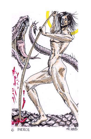Comic drawing of a what looks like a hot naked version on St George slaying the serpent with a spear. St George found the one spot where a scale was missing, blood is pouring out, the serpent is screaming in agony.