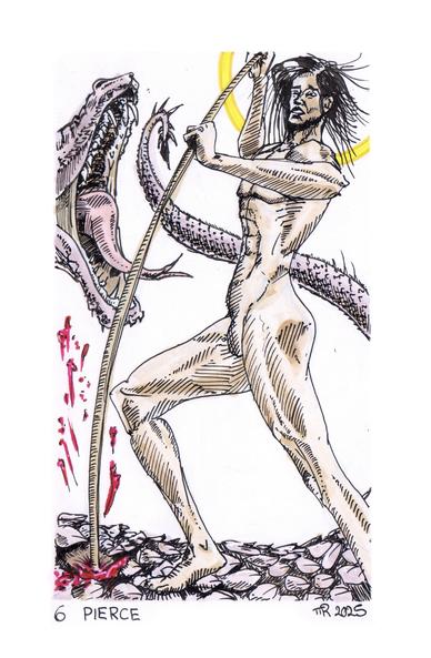 Comic drawing of a what looks like a hot naked version on St George slaying the serpent with a spear. St George found the one spot where a scale was missing, blood is pouring out, the serpent is screaming in agony.