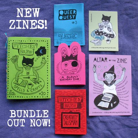 4 zines on a lavender-indigo coloured fabric. The zines have green, blue, pink, and red cover pages and are printed with black ink. The zine titles are Witches' Brew 19 and 20, Queer Quest 3, and You're Invited. The latter has a drawing of a bunny with a crown and an envelope in its mouth on the cover. The green zine features a witchy cat. Text: New zines! Bundle out now!