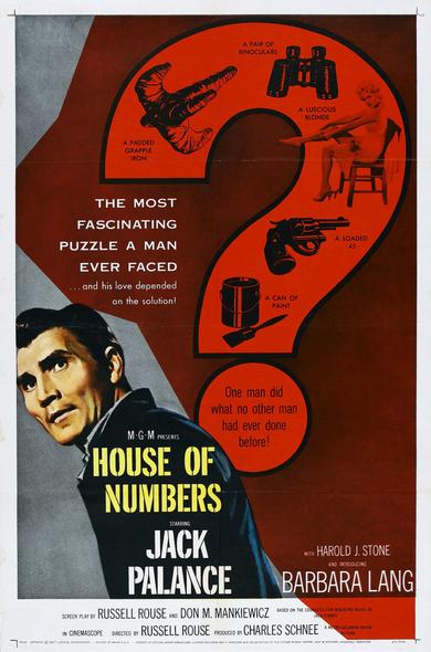 The image is dominated by a large question mark whose outline contains smaller labelled images: a padded grapple iron; a pair of binoculars; a luscious blonde; a loaded .45; a can of paint". A man, looking haunted, is in the corner of the image. Text: "The most fascinating puzzle a man ever faced … and his love depended on the solution!" and "One man did what no other man had ever done before!".