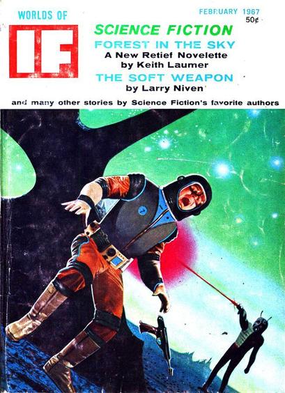 A figure in a space suit, on a blue planet surface against a green sky, drops a pistol as it is shot with a beam weapon by a figure whose helmet has bug-like antennae.
Worlds of IF magazine cover from 1967.