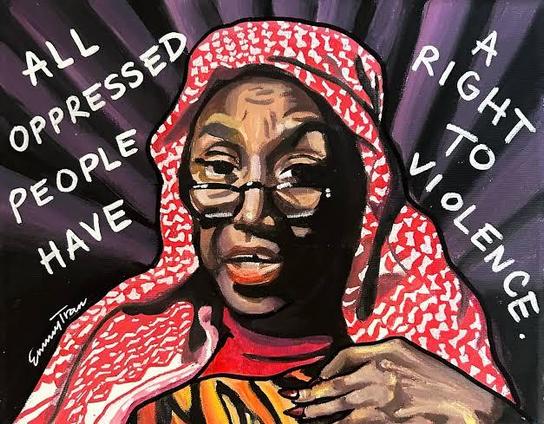 A drawing of Florynce Kennedy, from Born In Flames. They are a Black person, wearing glasses, a red head covering (maybe a keffiyeh), and is talking.
Text says:
All oppressed people have a right to violence.