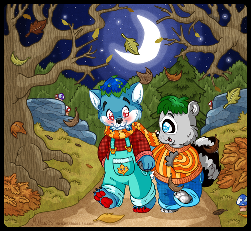 Digital, full color illustration featuring two littlefur characters, Geae and Cosu, walking together along a path in an fall forest at night.  Geae, to the left, is a little blue and white fox with a mop of darker blue hair tinged with green. He has red eyes, and red pawpads. Geae is wearing a red checkered sweater and teal overalls over it, along with an orange and yellow scarf wrapped around his neck. The overalls have golden buttons and clasps, and a smiling leaf motif on the front pocket. He is a little taller than Cosu, who he is holding by the hand as they walk.  Cosu stands to the right: a stout little raccoon with gray fur, blue eyes and a mop of green hair atop his head. He is wearing a sweater in colors that match Geae's scarf, along with warm-looking blue plants. Cosu is happily looking up at Geae as he talks, while Geae is blushing slightly.  A crescent moon is hanging in the blue sky behind them, surrounded by stars. Leaves are falling, and some are piled onto the ground. A still-green forest is visible far away, and crooked, bare trees stand side to side of the two friends.