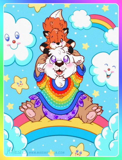 Digital, full color illustration featuring Snow, a baby pizzly bear (half polar, half grizzly). Snow is wearing a rainbow sweater with white stitching and a purple cloth diaper with a pawprint pattern. He is sitting on a squishy rainbow, holding his plushie fox Ember on top of his head. The background is a light blue sky filled with smiling clouds and stars, as well as a smaller rainbow in a corner.