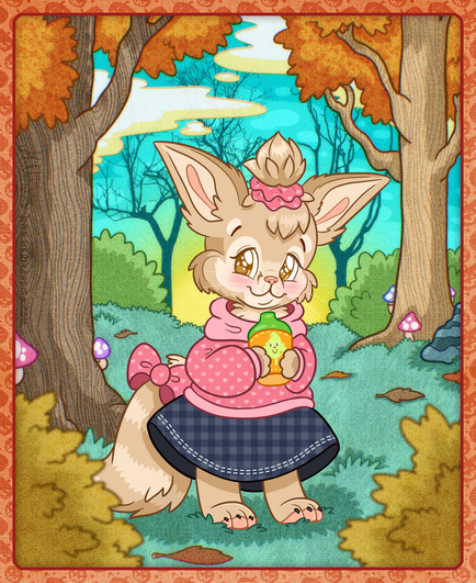 Digital, full color illustration featuring Falx, a fennec fox, looking cozy and relaxed in a forest. She is dressed in a pink heart-patterned hoodie and a dark gray plaid skirt. She is also wearing a matching hair scrunchie and tail ribbon. Falx is holding a sippy cup in fall colors, with a little smiling leaf design printed on it. In the background, the landscape shows trees autumn-red trees, a teal sky with clouds, and striking bare trees imposed over it. Multiple bushes, fallen leaves and leaf piles also complete the scene, along with the odd mushroom here and there.