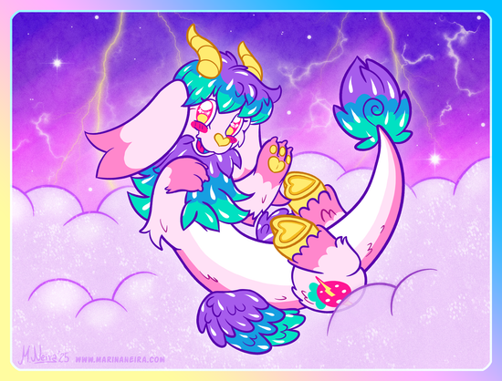 Digital, full color illustration featuring a colorful creature with a long dragon-like body and curled golden horns, floating on a cloud against a purple-pink sky with stars and lightning bolts. The dragon’s main body is made up of several shades of pink, while its headfur, feathers, and tail tip are a mix of purple, blue, and teal, with white raindrop shapes sprinkled throughout. It has heart-shaped pawpads and hooves, golden like its horns. A strawberry with a lightning bolt design is visible on its rump.