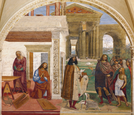 full view of the fresco panel with the artist’s self-portrait inserted into scene