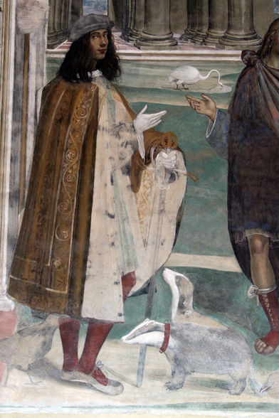 Detail of the artist’s self portrait with his two pet badgers at his feet (one in front wearing a red collar)