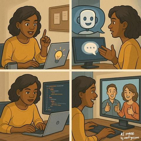 A four-panel comic-style illustration showing a woman using technology and AI for creative collaboration.
In the first panel, she works at her laptop with a glowing light bulb symbol, raising one finger as if she has an idea.
In the second, she converses with a friendly robot face displayed on her monitor, exchanging chat bubbles.
In the third, she types thoughtfully, with lines of code visible on her screen.
In the final panel, she smiles at her monitor, where two people appear giving enthusiastic thumbs-up gestures. The scene conveys curiosity, learning, and teamwork through technology and artificial intelligence.
