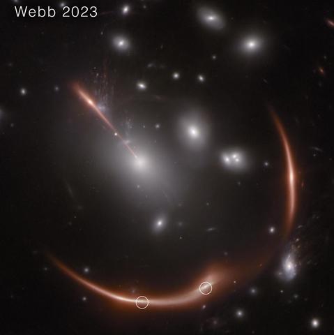 2025 October 7
An image shows a cluster of galaxies with unusual arcs. The arcs are background galaxies distorted by the gravitational lens effect of the foreground cluster. The background galaxy shows several spots that are supernovas occurring in the galaxy.

SN Encore: A Second Supernova Seen Several Times
 * Images Credit: 
 + Webb (main): NASA, ESA, CSA, STScI, J. Pierel (STScI) & A. Newman (Carnegie Inst. for Science)
 + Hubble (rollover): NASA, ESA, STScI, S. A. Rodney (U. South Carolina) & G. Brammer (NBI, U. Copenhagen)

Explanation: 
Now a second supernova in this same galaxy is repeating. The cause is the gravitational lens effect of a massive foreground cluster of galaxies (MACS J0138) -- it creates multiple images of a perfectly aligned background galaxy (MRG-M0138). What's particularly interesting is that this background galaxy has young stars that keep blowing up. And images of each supernova explosion keep coming to us multiple times through different paths through the cluster. The original lensed supernova set, shown in the rollover, is called Requiem and was first seen by the Hubble Space Telescope in 2016. This second lensed supernova set is called Encore and was first seen by the Webb Space Telescope in 2023. More images from these supernovas are predicted to be on the way, and exactly when they arrive should help humanity to better understand the mass distribution of the galaxy cluster, the supernovas themselves, and possibly even the universe.