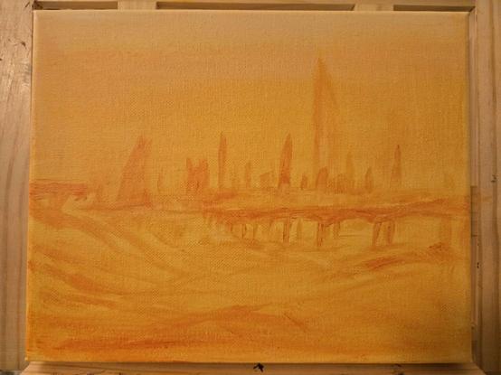 acrylic painting in all orange of a desolate landscape with an elevated hiway snaking along a long dry riverbed leading to a distant city with eerie buildings poking up through the haze