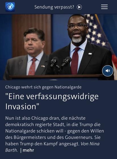 Sendung verpasst?
Chicago wehrt sich gegen Nationalgarde
"Eine verfassungswidrige
Invasion"
Nun ist also Chicago dran, die nächste demokratisch regierte Stadt, in die Trump die Nationalgarde schicken will - gegen den Willen des Bürgermeisters und des Gouverneurs. Sie haben Trump den Kampf angesagt. Von Nina
Barth. mehr🖖
