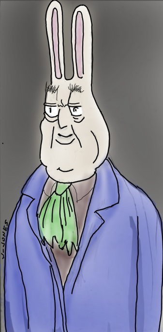 A portly cartoon gentleman with tall bunny ears. He's wearing a purple suit with a brown shirt and a green cravat that resembles lettuce.