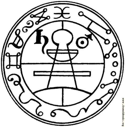 Two concentric circles, the outer doubled to make it thicker, form a wide band that contains perhaps a corrupted form of “Angelic Writing” or the Celestial Alphabet, of Heinrich Cornelius Agrippa. Inside, in the middle of the circle, and almost filling the space, is a keyhole shape with symbols for Saturn and either Mars (but with a dot added) or Uranus (but at an angle). The inner circle also has a horizontal line dividing it (and the keyhole) in two, a semicircle above and a bar below.

The seal is for containing spirits (not the sort you drink) in a brass vessel or urn or jar, not for summoning them.