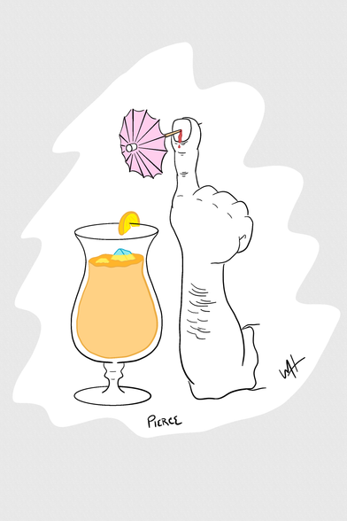 Inktober day 6 prompt: Pierce A drawing of a hand, index finger pointing up with a cocktail umbrella piercing the finger through the nail.