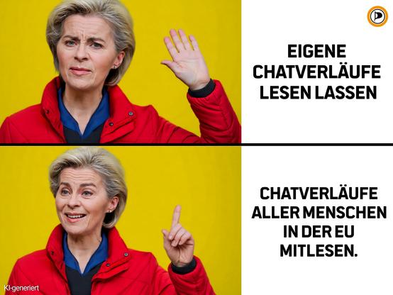 !B Drake Hotline Bling Meme mit Ursula von der Leyen, Texte "Eigene Chatverläufe lesen lassen" und "Chatverläufe aller Menschen in der EU lesen"