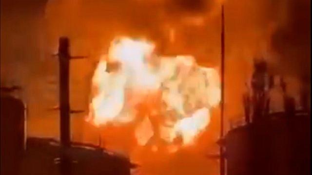 The Feodosia oil refinery, the largest in Russian-occupied Crimea, burns after a Ukraine drone strike, October 6, 2025