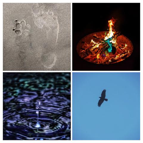 A visually evocative collage illustrating the four classical elements through distinct scenes.

Top left: Light grey sand on a beach, featuring the faint imprint of a human footprint alongside a dog’s paw print, symbolising **earth** and evoking a sense of companionship and natural presence.

Top right: A vibrant bonfire with flames dancing in hues of orange, blue, and green, embodying **fire** and creating a captivating, mystical atmosphere.

Bottom left: A close-up of water ripples, capturing the moment a droplet falls into a still surface. The water reflects iridescent colours of blue, purple, and green, representing **water** with a dreamy, ethereal quality.

Bottom right: The silhouette of a bird, likely a crow or raven, soaring freely against a clear blue sky, symbolising **air** and conveying a sense of freedom and tranquillity.