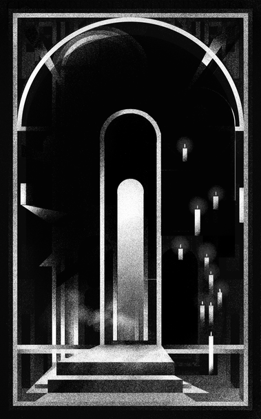 Un dessin numérique en noir et blanc, pixelisé décrivant un environnement semi abstrait, une porte au centre, des bougies flottant dans l'air sur la droite, un cadre sur le dessin faisant partie de l'environnement, une atmosphere mysterieuse et solennelle