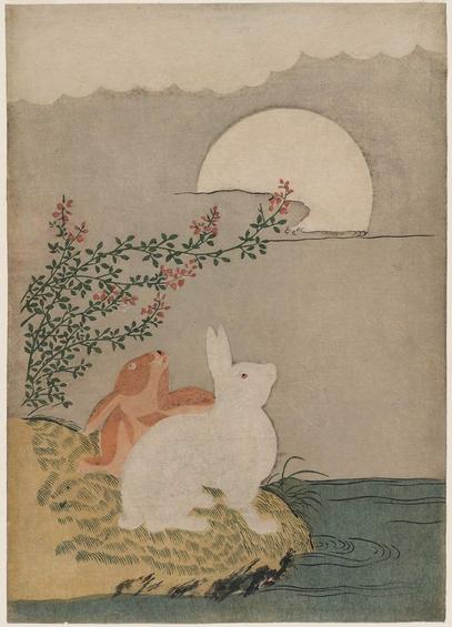 Two hares, one brown and one white, sit beside a stream looking up at the moon.