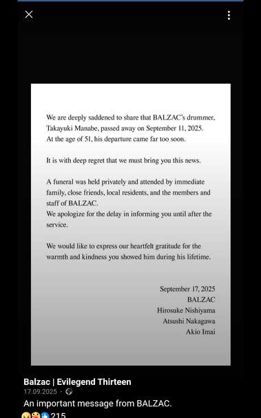 screenshot from Balzacs statement about the passing from Takayuki