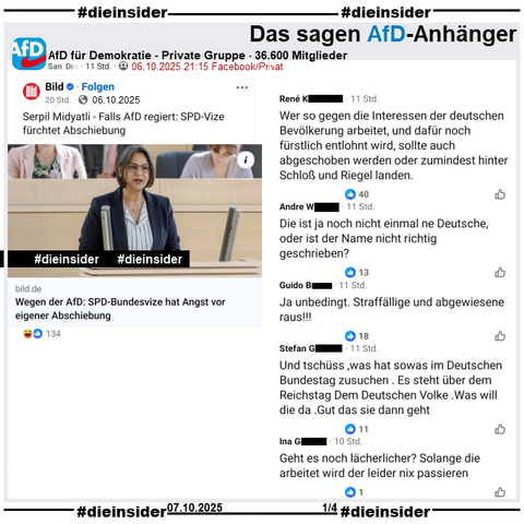 In der 36.600 Mitglieder großen privaten Gruppe wird der Bericht über die SPD Landtagsabgeordnete aus Schleswig-Holstein und dortige Landes- und Fraktionsvorsitzende Serpil Midyatli "Falls AfD regiert: SPD-Vize fürchtet Abschiebung" geteilt.

Wir zeigen auf Slide 1 u.a. die Kommentare 

"Wer so gegen die Interessen der deutschen Bevölkerung arbeitet, und dafür noch fürstlich entlohnt wird, sollte auch abgeschoben werden oder zumindest hinter Schloß und Riegel landen.", "Die ist ja noch nicht einmal ne Deutsche, oder ist der Name nicht richtig geschrieben?", "Ja unbedingt. Straffällige und abgewiesene raus!!!", "Und tschüss ,was hat sowas im Deutschen Bundestag zusuchen . Es steht über dem Reichstag Dem Deutschen Volke .Was will die da .Gut das sie dann geht." und "Geht es noch lächerlicher? Solange die arbeitet wird der leider nix passieren."