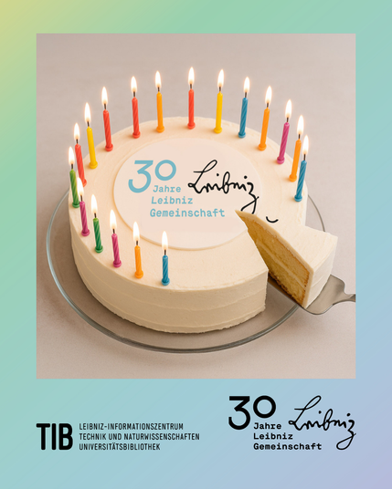 KI-generiertes Bild einer Torte mit "30 Jahre Leibniz-Gemeinschaft"-Beschriftung.