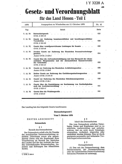 Początek heskiej ustawy o ochronie danych osobowych (Hessisches Datenschutzgesetz) z 7 października 1970 r.