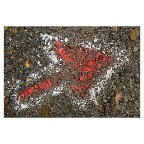 Flat top-down view of a rocky hiking trail with a spray painted arrow sign. The ground is wet from the rain. The painted arrow has a red filling and a white outline.