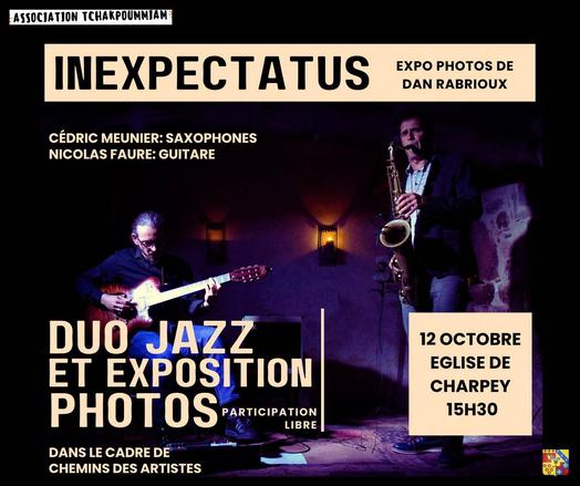 Affiche du concert d'Inexpectatus à Charpey le 12 octobre 2025, montrant un saxophoniste et un guitariste.