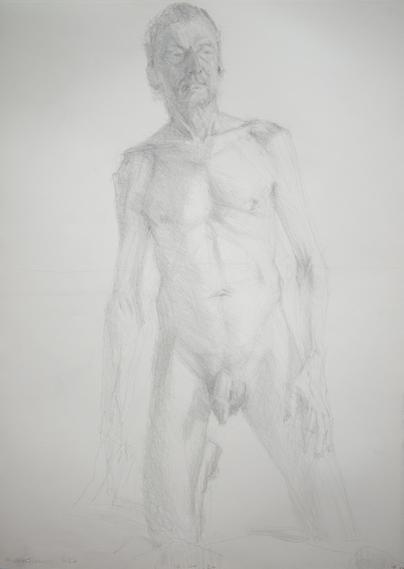 Drawing portrait of a male art model on his knees, naked