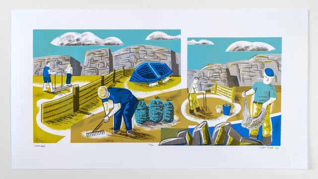 A screenprint called Cocklers showing people working on a beach finding cockles. It is in yellow, blue, turquoise and two greys.
