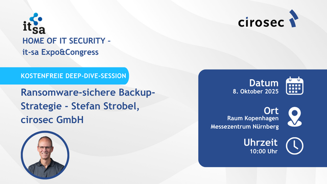 Morgen um 10 Uhr: Deep Dive Session zur Ransomware-sichere Backup-Strategien von cirosec-Geschäftsführer Stefan Strobel. Infos unter https://cirosec.de/news/congressit-sa-deep-dive-sessions/. 

Kommen Sie einfach vorbei und genießen Sie bei einem hochkarätigen Fachvortrag eine kleine Auszeit vom Messegeschehen.