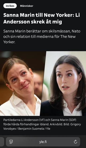 Skärmdump från Svenska Yle av en artikel med rubriken ”Sanna Marin till New Yorker: Li Andersson skrek åt mig”

Under rubriken finns en tudelad bild av en tårögd Andersson till vänster och Marin till höger.