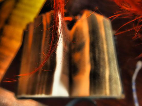 Un livre ancien ouvert sur une table en arrière plan flou. Au premier plan les mèches de cheveux roux s'échappent d'une tête penchée sur le livre.