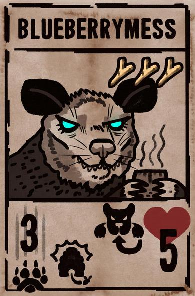 Ilustration imitating the cards used in Inscryption, a videogame. These cards are usually simulating pixel art but I did it just normally. It's a simple piece with flat colors (mostly black with grays for shading and coloured bones, blood or the heart) over an old paper sheet texture. On the top is the name and on the bottom what the card does. The middle is for the illustration. In this case, title is BLUEBERRYMESS, middle is a possum smiling with bright blue eyes and a cup of tea that costs three bones to summon, and bottom says I have 3 attack + 5 live + Summons bees + guardian.