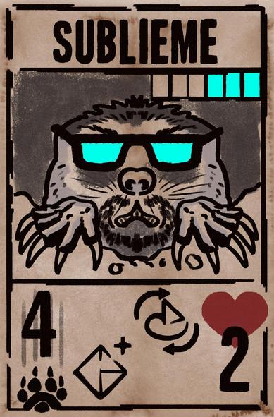 Ilustration imitating the cards used in Inscryption, a videogame. These cards are usually simulating pixel art but I did it just normally. It's a simple piece with flat colors (mostly black with grays for shading and coloured bones, blood or the heart) over an old paper sheet texture. On the top is the name and on the bottom what the card does. The middle is for the illustration. In this case, title is SUBLIEME, middle is a mole with a goatee, glasses with bright blue light and a fierce expression that costs 3 energy to summon, and bottom says he has 4 attack + 2 life + orange mox + transformer. Those are names for these weird symbols in the game and explaining what all of them do would take so long, sorry.