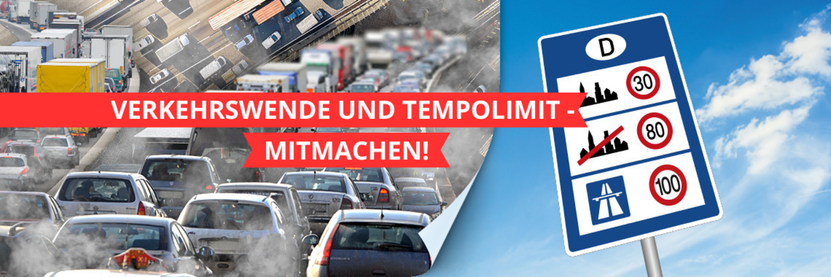 Werbebanner für die Unterschriftenaktion "Verkehrswende jetzt" der Deutschen Umwelthilfe DUH.
Linker Teil ein Foto von mit Autos übefüllten Straßen. Auffällig ist der Rauch, der aus den Auspuffen kommt.
Rechter Teil blauer Himmel  mit weißen Wolken. Davor ein Schild, das an der Landesgrenze die allgemein gültigen Höchstgeschwindigkeiten in Deutschland anzeigt. Hier abgeändert auf 30 km/h in Ortschaften, 80 km/h auf Landstraßen und 100 km/h auf Autobahnen.
Ein roter Schriftzug über den Banner zeigt: "Verkehrswende und Tempolimit -  Mitmachen!"
