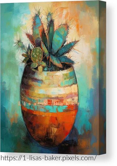 An art print of a variety of cacti planted in a beautiful southwestern pottery by Lisa S Baker