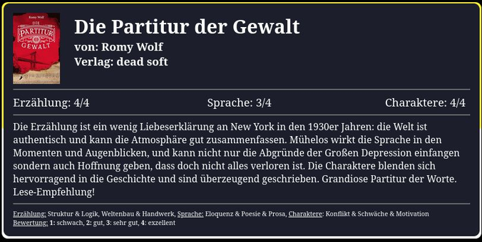 Die Erzählung ist ein wenig Liebeserklärung an New York in den 1930er Jahren: die Welt ist authentisch und kann die Atmosphäre gut zusammenfassen. Mühelos wirkt die Sprache in den Momenten und Augenblicken, und kann nicht nur die Abgründe der Großen Depression einfangen sondern auch Hoffnung geben, dass doch nicht alles verloren ist. Die Charaktere blenden sich hervorragend in die Geschichte und sind überzeugend geschrieben. Grandiose Partitur der Worte.
Lese-Empfehlung!