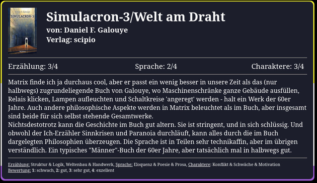 Matrix finde ich ja durchaus cool, aber er passt ein wenig besser in unsere Zeit als das (nur halbwegs) zugrundeliegende Buch von Galouye, wo Maschinenschränke ganze Gebäude ausfüllen, Relais klicken, Lampen aufleuchten und Schaltkreise 'angeregt' werden - halt ein Werk der 60er Jahre. Auch andere philosophische Aspekte werden in Matrix beleuchtet als im Buch, aber insgesamt sind beide für sich selbst stehende Gesamtwerke.
Nichtsdestotrotz kann die Geschichte im Buch gut altern. Sie ist stringent, und in sich schlüssig. Und obwohl der Ich-Erzähler Sinnkrisen und Paranoia durchläuft, kann alles durch die im Buch dargelegten Philosophien überzeugen. Die Sprache ist in Teilen sehr technikaffin, aber im übrigen verständlich. Ein typisches "Männer"-Buch der 60er Jahre, aber tatsächlich mal in halbwegs gut.