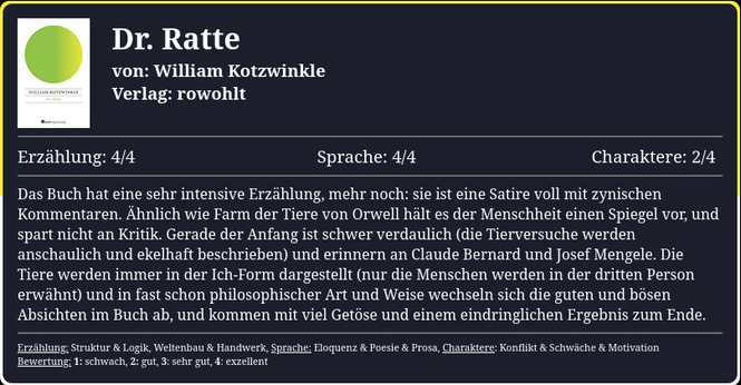 Das Buch hat eine sehr intensive Erzählung, mehr noch: sie ist eine Satire voll mit zynischen Kommentaren. Ähnlich wie Farm der Tiere von Orwell hält es der Menschheit einen Spiegel vor, und spart nicht an Kritik. Gerade der Anfang ist schwer verdaulich (die Tierversuche werden anschaulich und ekelhaft beschrieben) und erinnern an Claude Bernard und Josef Mengele. Die Tiere werden immer in der Ich-Form dargestellt (nur die Menschen werden in der dritten Person erwähnt) und in fast schon philosophischer Art und Weise wechseln sich die guten und bösen Absichten im Buch ab, und kommen mit viel Getöse und einem eindringlichen Ergebnis zum Ende.