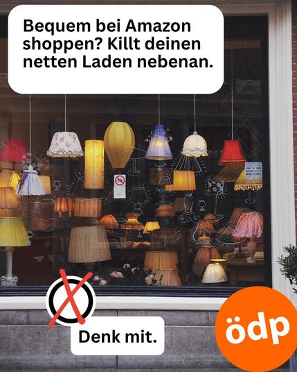 Symbolbild mit dem Text: Bequem bei Amazon shoppen? Killt deinen netten Laden nebenan.