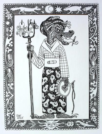 Eine mit einem japanischen Kimono bekleidete Drachin präsentiert einen Dreizack mit aufgespießten Meereslebewesen und einen Stickrahmen mit Herzstickerei. Ihre gelackte Hochsteckfrisur ist von einem Kamm und sechs Nadeln durchbohrt, ihre  lange Zunge von einem Zeichenstift. Der Obi wird von einer großen Sicherheitsnadel gehalten. Ein Zehennagel bohrt sich durch das Ende der Dreizackstange.