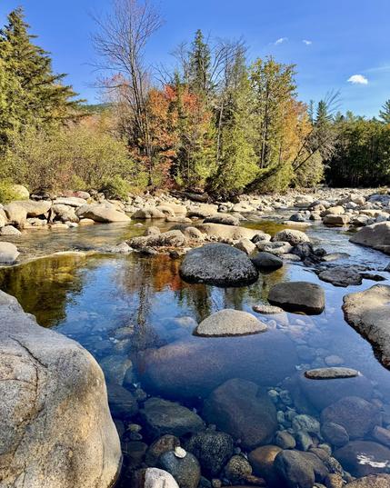 Photo of calm reflective section of mountain stream in dense forested area. Gray boulders throughout stream. Reflection of green and orange trees seen on water. Blue sky overhead.

Franconia Brook at water crossing at end of Lincoln Woods Trail.