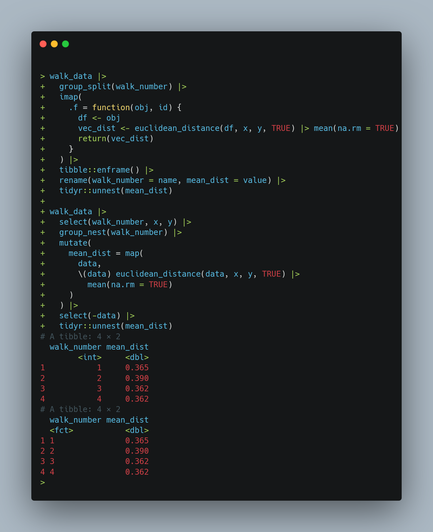 I'm choice 2, using group_nest and map as it retains the original column types and there is no need to rename, although if I put some effort into it I'm sure I could remove the need to enframe and rename. I just don't feel like doing that this morning.


#tidyr #tidyverse #purrr #dplyr #imap #map #RandomWalker
