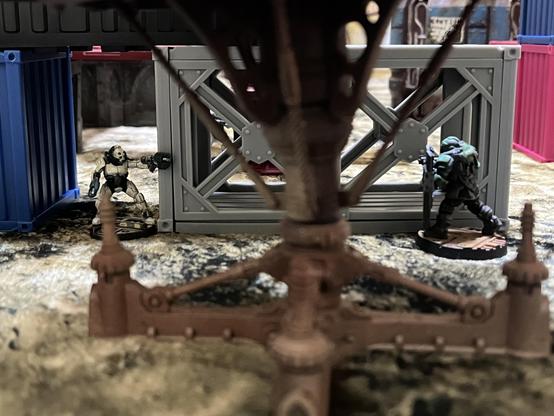 A Palanite Subjugator and a Van Saar ganger face off