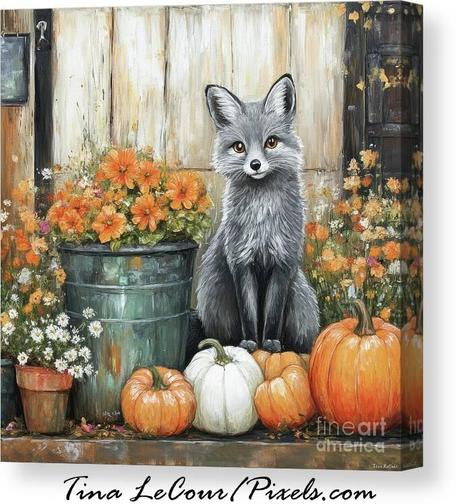 This is a canvas a sweet gray fox sitting on the front porch of a farm stand filled with pumpkins and autumn flowers.